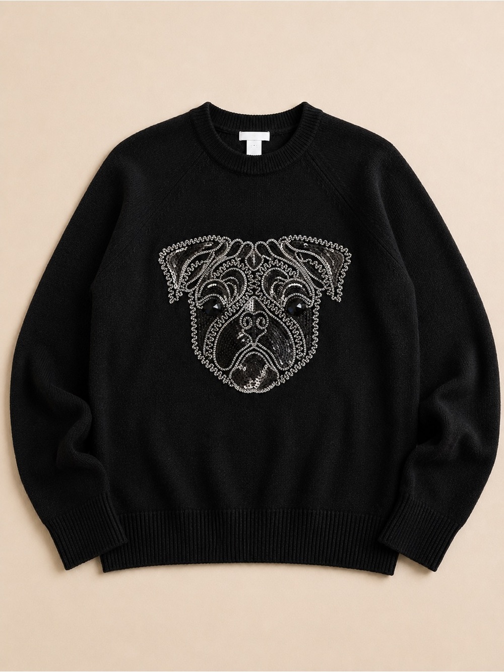 H&M Black Crewneck Sweater with Embroidered Pug Motif Oversized